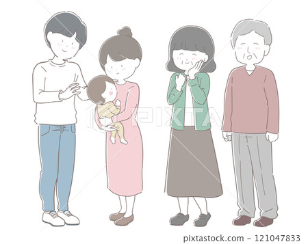 一個年輕的家庭和一對抱著嬰兒的老年夫婦（棕色線條畫） 121047833