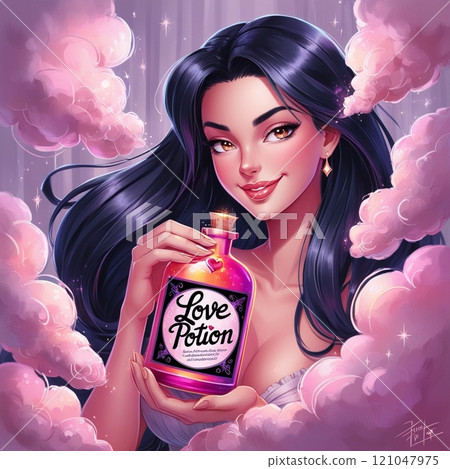 Beautiful black-haired woman holding a love potion Beautiful black-haired woman holding a love potion 121047975