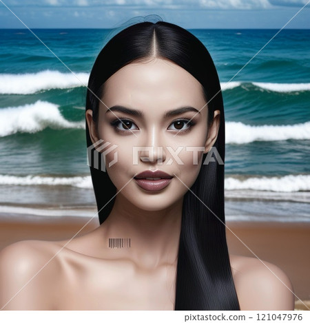 Beautiful black-haired woman with barcode and the sea Beautiful black-haired woman with barcode and the sea 121047976