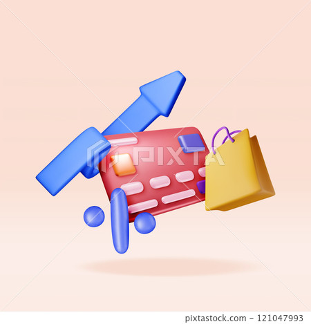 3D bank card with precent, arrow and shopping bag 3D bank card with precent, arrow and shopping bag 121047993