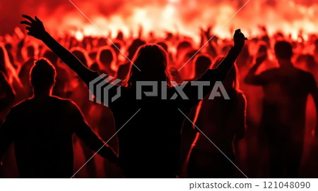 Person celebrating at a vibrant concert surrounded by a cheering crowd 121048090