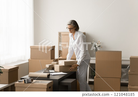 Serious mature businesswoman engaged in Internet store management Serious mature businesswoman engaged in Internet store management 121048185