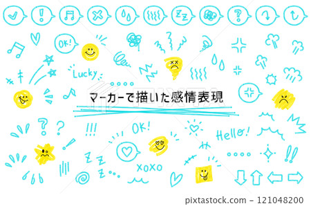 A set of rough emotion expression illustrations. Emotion expression illustrations drawn with markers. A set of highlighter marker decorations. 121048200
