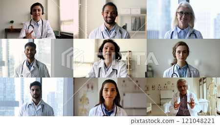Videoconference event of group multinational physicians, cardiologists having medical council Videoconference event of group multinational physicians, cardiologists having medical council 121048221