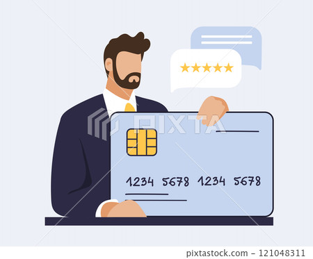 Businessman with payment credit card, online payments, internet banking, business on the internet. Flat vector hand drawn illustration isolated. 121048311