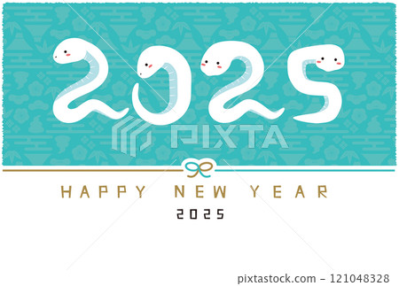 2025年新年賀卡新年快樂Mizuhiki水平淺藍色背景白蛇在2025年姿勢 121048328