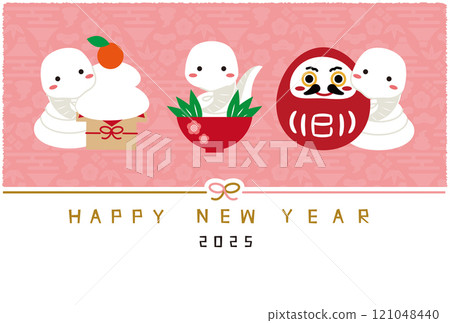 2025 年新年賀卡新年快樂 Mizuhiki 水平背景粉紅色白色蛇 3 幸運符 121048440