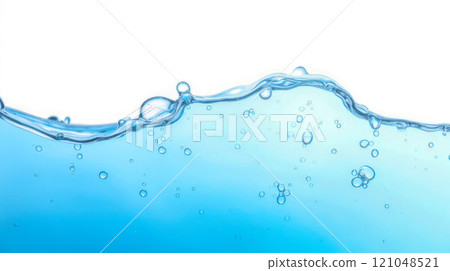Clear blue water with bubbles and ripples, close-up view of liquid surface, refreshing and clean, backgrounds, nature themes, hydration concepts, and purity visual 121048521