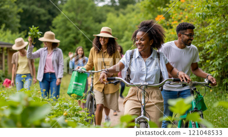 Group of friends walking with bicycles in green park, smiling outdoors, sustainable lifestyle, nature care, eco-friendly activity, teamwork, enjoying nature, environmental, diverse people Group of friends walking with bicycles in green park, smiling outdoors, sustainable lifestyle, nature care, eco-friendly activity, teamwork, enjoying nature, environmental, diverse people 121048533