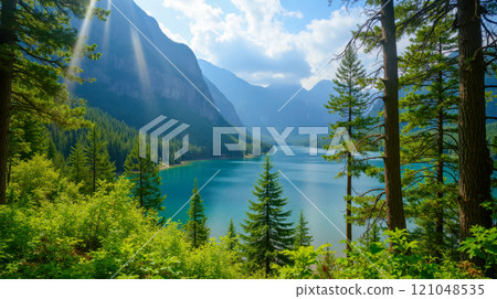 Mountain lake with clear blue water surrounded by lush green forest tall pine trees sun rays shining through clouds creating serene peaceful scene natural beauty landscape travel nature 121048535