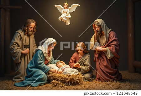 Beautiful Christmas nativity with newborn baby Jesus surrounded by Mary, Joseph, and angel. Holy family praying over glowing manger on peaceful night. birth of Jesus Christ and faith tradition 121048542