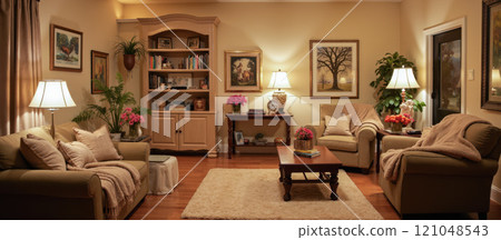 living room featuring comfortable beige sofa, wooden coffee table with fruit bowl, built-in bookshelves, green plants, and elegant fireplace living room featuring comfortable beige sofa, wooden coffee table with fruit bowl, built-in bookshelves, green plants, and elegant fireplace 121048543