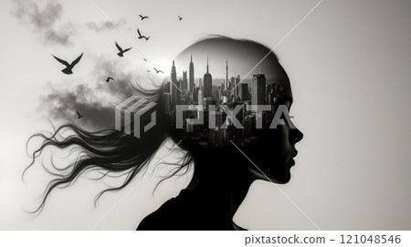 female silhouette with city skyline in head, urban imagination, birds flying, surreal art, double exposure, creative concept, modern urban scene, dreamlike cityscape, urban thoughts, flowing hair 121048546