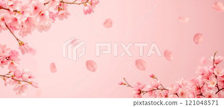 Spring background with soft pink cherry blossoms, blooming tree branches, falling petals, gentle pastel colors, nature banner, floral design, romantic atmosphere Spring background with soft pink cherry blossoms, blooming tree branches, falling petals, gentle pastel colors, nature banner, floral design, romantic atmosphere 121048571