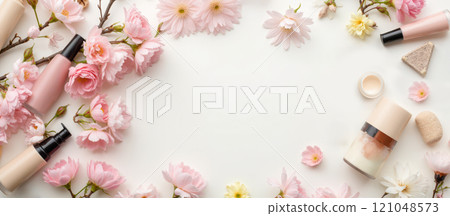 Flat lay summer beauty products by pink blossoms. Skincare items like lotions, creams, and makeup displayed on white surface. natural beauty and freshness. summer skincare and cosmetics 121048573
