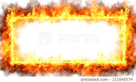 Glowing fire rectangular frame isolated on white, burning flames with bright heat, orange and red light, realistic fiery effect, blazing border, hot flame edges, warm glow, burning design 121048574