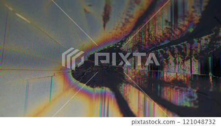 Crackled LCD. Broken monitor. Center of color plasma TV screen damaged. Filling splits of granular overlay glitch defocused background with black liquid. Crackled LCD. Broken monitor. Center of color plasma TV screen damaged. Filling splits of granular overlay glitch defocused background with black liquid. 121048732