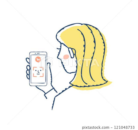 Face ID－一位女士在智慧型手機上使用臉部識別 121048733