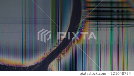 Glitch LCD. Screen defect. Black ink crack in glass display with colorful flickering edge. Fractured defocused surface abstract background computer monitor. 121048754