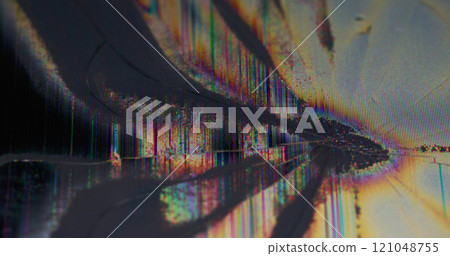 Grunge pixel. Matrix damage. Rainbow distortion of computer scratch display. Black shapeless dead zone spot glitch proliferation defocused effect. 121048755