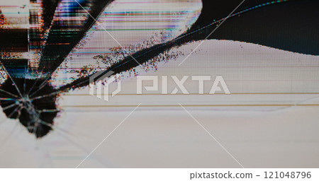 Screen failure. Matrix glitch. Monitor cracks with iridescent reflections. Overlay deformed texture of modern demonstration equipment defocused surface. Screen failure. Matrix glitch. Monitor cracks with iridescent reflections. Overlay deformed texture of modern demonstration equipment defocused surface. 121048796