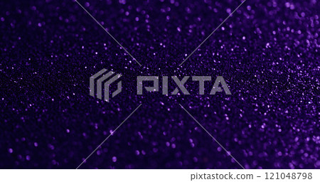 Bokeh scintilla. Violet sparkle. Flare shimmering festive surface with fine metallic dust. Purple glowing effect blurred art texture. 121048798