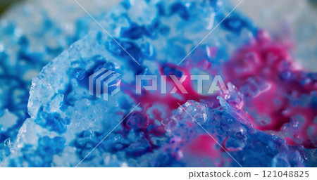 Ink water drop. Abstract paint. Blue pink color ice liquid blending flow mixing fluid splash spilling on blurred art texture bokeh light background. Ink water drop. Abstract paint. Blue pink color ice liquid blending flow mixing fluid splash spilling on blurred art texture bokeh light background. 121048825