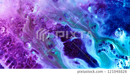 Shiny fluid. Color spill. Blue violet double flow glitter surface marbling effect. Bright purple paint defocused dye mixture with metal powder sand. Shiny fluid. Color spill. Blue violet double flow glitter surface marbling effect. Bright purple paint defocused dye mixture with metal powder sand. 121048826