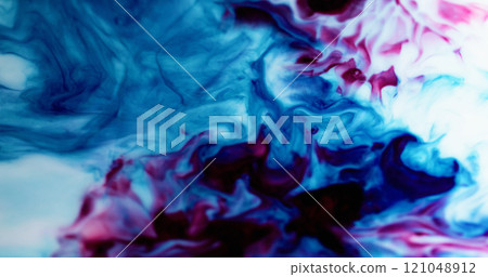 Marble spill. Blue ink. Soft wavy spread of bright dye in thick light enamel effect. Smooth defocused colored liquid flow explosion pattern. 121048912