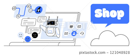 A chatbot interacts with different user feedback and shopping-related icons on a laptop screen. Ideal for e-commerce customer service, online retail, technology, digital communication, and AI 121048928