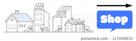 A minimalist cityscape featuring houses and skyscrapers with solar panels. Includes a blue shop sign pointing right. Ideal for urban living, sustainability, renewable energy, commerce, city planning A minimalist cityscape featuring houses and skyscrapers with solar panels. Includes a blue shop sign pointing right. Ideal for urban living, sustainability, renewable energy, commerce, city planning 121048932