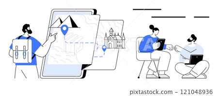 Backpacker planning travel with a map on a digital device, while two people work remotely using tablets and laptops. Ideal for travel, remote work, digital nomadism, technology integration 121048936