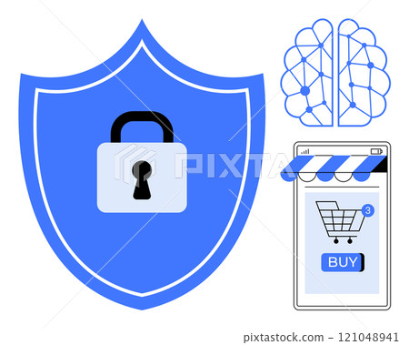 Large blue shield with lock, neural network and smartphone with shopping app. Ideal for Cybersecurity, E-commerce, AI technology, Data protection, Online shopping security. Simple vector style 121048941