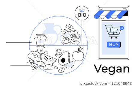 Mobile shopping cart app with bio label for buying organic vegan food. Fruits, veggies and a shopping cart. Ideal for online shopping, vegan lifestyle, organic food, healthy eating, digital commerce Mobile shopping cart app with bio label for buying organic vegan food. Fruits, veggies and a shopping cart. Ideal for online shopping, vegan lifestyle, organic food, healthy eating, digital commerce 121048948