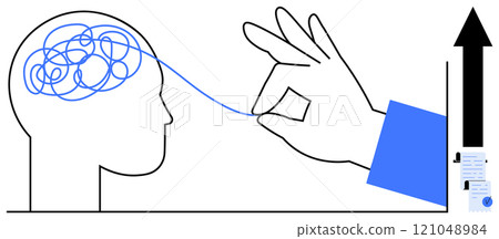 Hand untangles tangled line from a head, visualizing mental clarity and problem-solving. Ideal for mental health, productivity, brainstorming, creativity, and cognitive processes. Simple 121048984