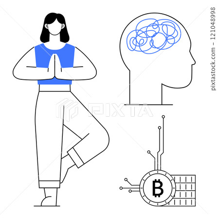 Woman standing in tree pose, human head with tangled neural pathways, Bitcoin circuit. Ideal for mindfulness, mental health, cryptocurrency, technology, digital wellness. Simple line art style Woman standing in tree pose, human head with tangled neural pathways, Bitcoin circuit. Ideal for mindfulness, mental health, cryptocurrency, technology, digital wellness. Simple line art style 121048998
