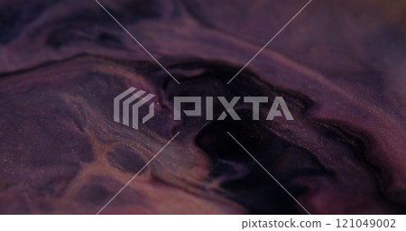 Mix paint rotation. Blurred marble shimmering. Defocused purple color glitter flow ink emulsion stream wave abstract art background. 121049002