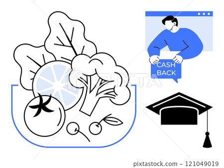 Fresh vegetables and fruits with a person receiving cash back and a graduation cap, symbolize themes of healthy eating financial incentives education programs student support and budget-friendly 121049019
