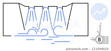 Blue outlines of a water dam with cascading waterfalls into a pool below. A growth chart and cryptocurrency symbol are included. Ideal for economics, technology, finance, cryptocurrency 121049029