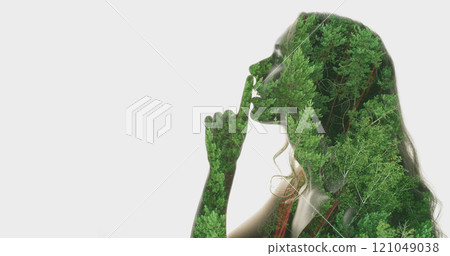 Artwork face. Nature tranquility. Double exposure profile woman silhouette with green moving trees in hair showing shhh with finger at lips isolated on white copy space background. 121049038