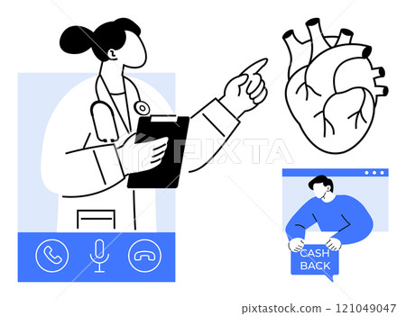 A doctor with a clipboard points towards a heart diagram, accompanied by icons for communication. A person holding a cash back sign is also seen. Ideal for healthcare, medical services, financial 121049047