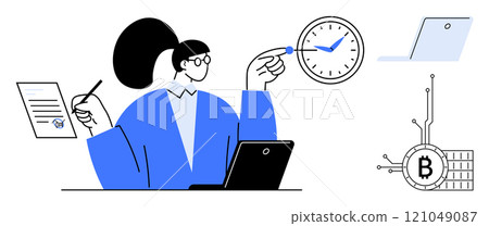 A businesswoman is holding a pen and looking at a clock. Nearby, there is a contract, a laptop, and a Bitcoin symbol. Ideal for time management, business planning, cryptocurrency, digital 121049087