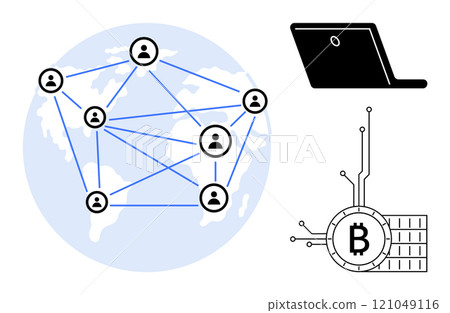 Network of interconnected people across the world, a laptop symbolizes digital access, and a Bitcoin symbol represents cryptocurrency. Ideal for technology, network, cryptocurrency, digital finance Network of interconnected people across the world, a laptop symbolizes digital access, and a Bitcoin symbol represents cryptocurrency. Ideal for technology, network, cryptocurrency, digital finance 121049116