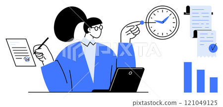 A professional wearing glasses works at a desk with a laptop, pointing at a clock. Documents, charts, and a checklist are also visible. Ideal for productivity, time management, office work 121049125