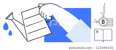 A hand waters a plant with blue drops. An open book with an A and a Bitcoin symbol connected to a circuit. Ideal for education, cryptocurrency, investment, learning growth, and technology themes 121049150