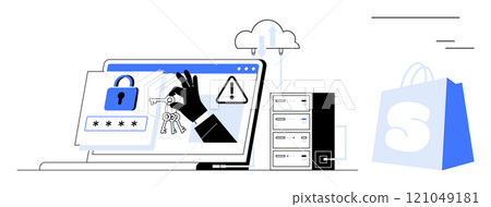 Laptop screen shows password entry and key theft, with a warning sign and cloud icon. Ideal for digital security, data protection, e-commerce, cybercrime awareness, cloud computing. Colourful line Laptop screen shows password entry and key theft, with a warning sign and cloud icon. Ideal for digital security, data protection, e-commerce, cybercrime awareness, cloud computing. Colourful line 121049181