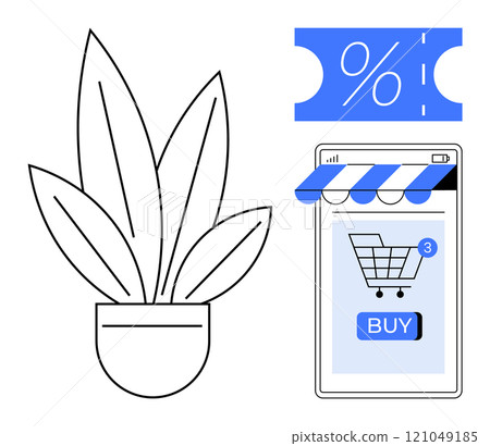 Potted plant icon beside a smartphone screen showing online shopping cart and BUY button. Percentage discount coupon at the top. Ideal for e-commerce, online shopping, discounts, mobile apps Potted plant icon beside a smartphone screen showing online shopping cart and BUY button. Percentage discount coupon at the top. Ideal for e-commerce, online shopping, discounts, mobile apps 121049185