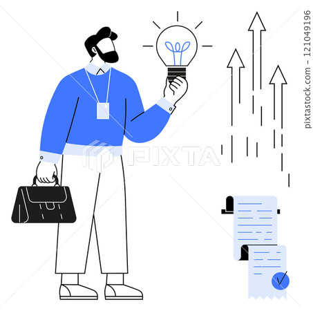 Man with beard in blue sweater holding light bulb, signifying innovation and ideas. Holding briefcase, indicating professionalism. Documents with checkmarks and arrows pointing upward, symbolizing 121049196
