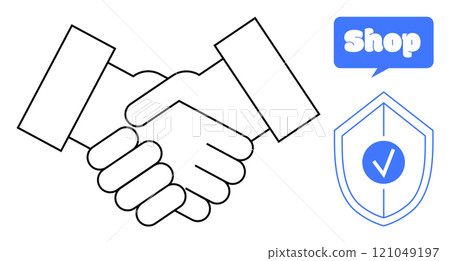Two hands engaging in a handshake. A blue speech bubble with the word shop. A shield with a checkmark inside. Ideal for business cooperation, partnership, e-commerce, online shopping safety, customer Two hands engaging in a handshake. A blue speech bubble with the word shop. A shield with a checkmark inside. Ideal for business cooperation, partnership, e-commerce, online shopping safety, customer 121049197