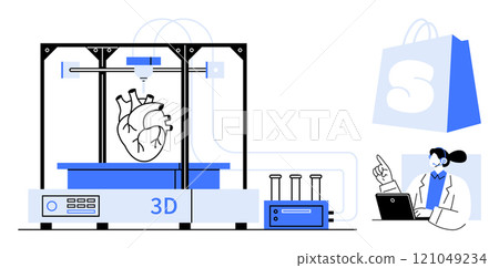 A 3D printer creating a heart model beside a doctor working on a laptop. Ideal for medicine, biotechnology, innovation, technology, healthcare. Clean modern style A 3D printer creating a heart model beside a doctor working on a laptop. Ideal for medicine, biotechnology, innovation, technology, healthcare. Clean modern style 121049234